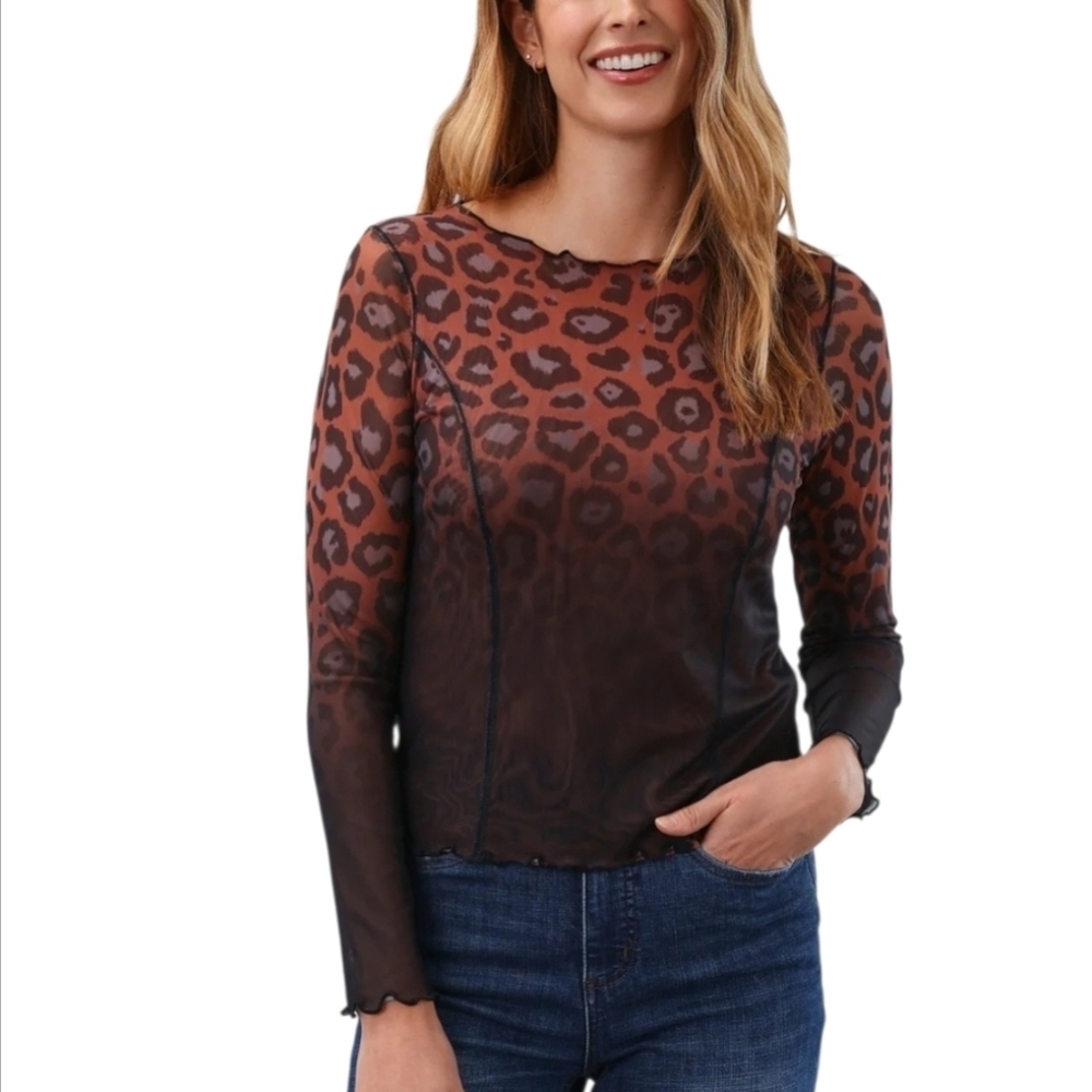 French Dressing Jeans FDJ Mesh Long Sleeve Boat Neck Leopard Fade Top, S